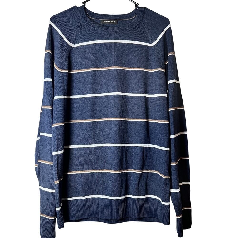 Banana Republic L Men’s Striped Crewneck Sweater Navy Blue Preppy Classic Knit